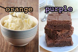 On the left, a bowl of mashed potatoes labeled orange, and on the right, a stack of frosted brownies labeled purple