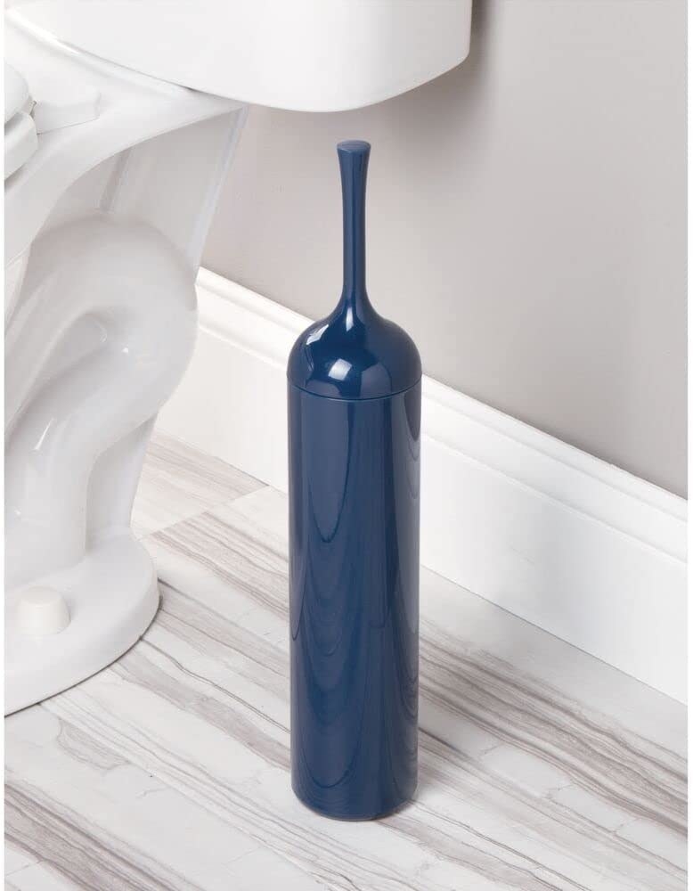 Sleek blue toilet bowl brush holder next to a toilet
