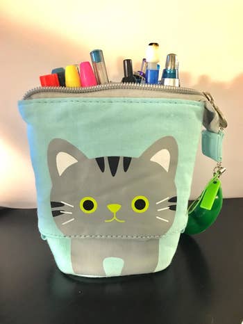 reviewer's photo of the blue cat pouch holding pens and markers
