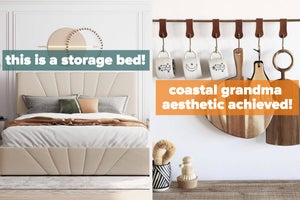 the cream storage bed "this is a storage bed!", the kitchen hanging hooks "coastal grandma aesthetic achieved!"