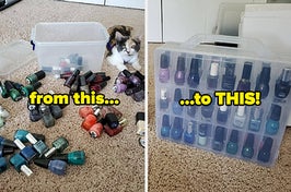 nail polishes in messy piles "from this...", "...to THIS!" now in an organized case