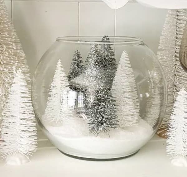 Glass bowl showing snow scene with trees