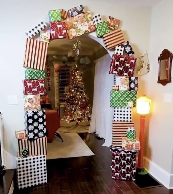 A door archway lined with gift boxes