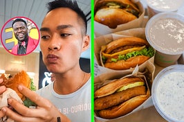 (circle) kevin hart (left) author (right) burgers and shakes