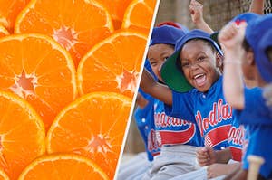 Split frame of orange slices and kids baseball team cheering from the dugout