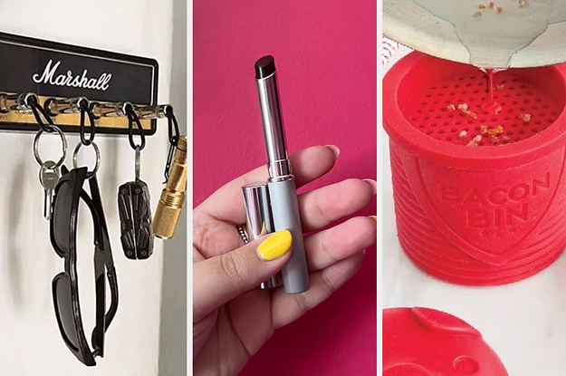 a keyholder by a door, a person holding up lipstick and a grease collector on a table
