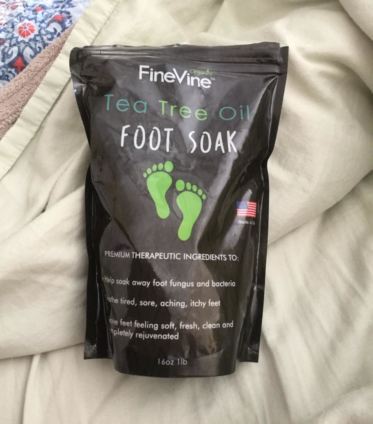 A foot soak package that says &quot;Tea Tree Oil Foot Soak&quot;