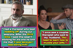 Left: Steve Carell as Alan Strauss sits in a chair in "The Patient"  Right: Molly and Josh sit on a couch in "Couples Therapy"
