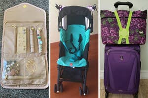 A split thumbnail of a jewelry organizer, a stroller, and a luggage strap