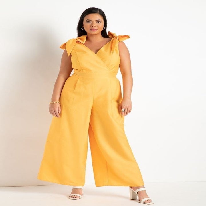 yellow tie shoulder jumpsuit