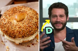 On the left, an everything bagel with cream cheese, and on the right, Dylan O'Brien laughing and pointing at his phone with an arrow pointing to him and D typed next to him