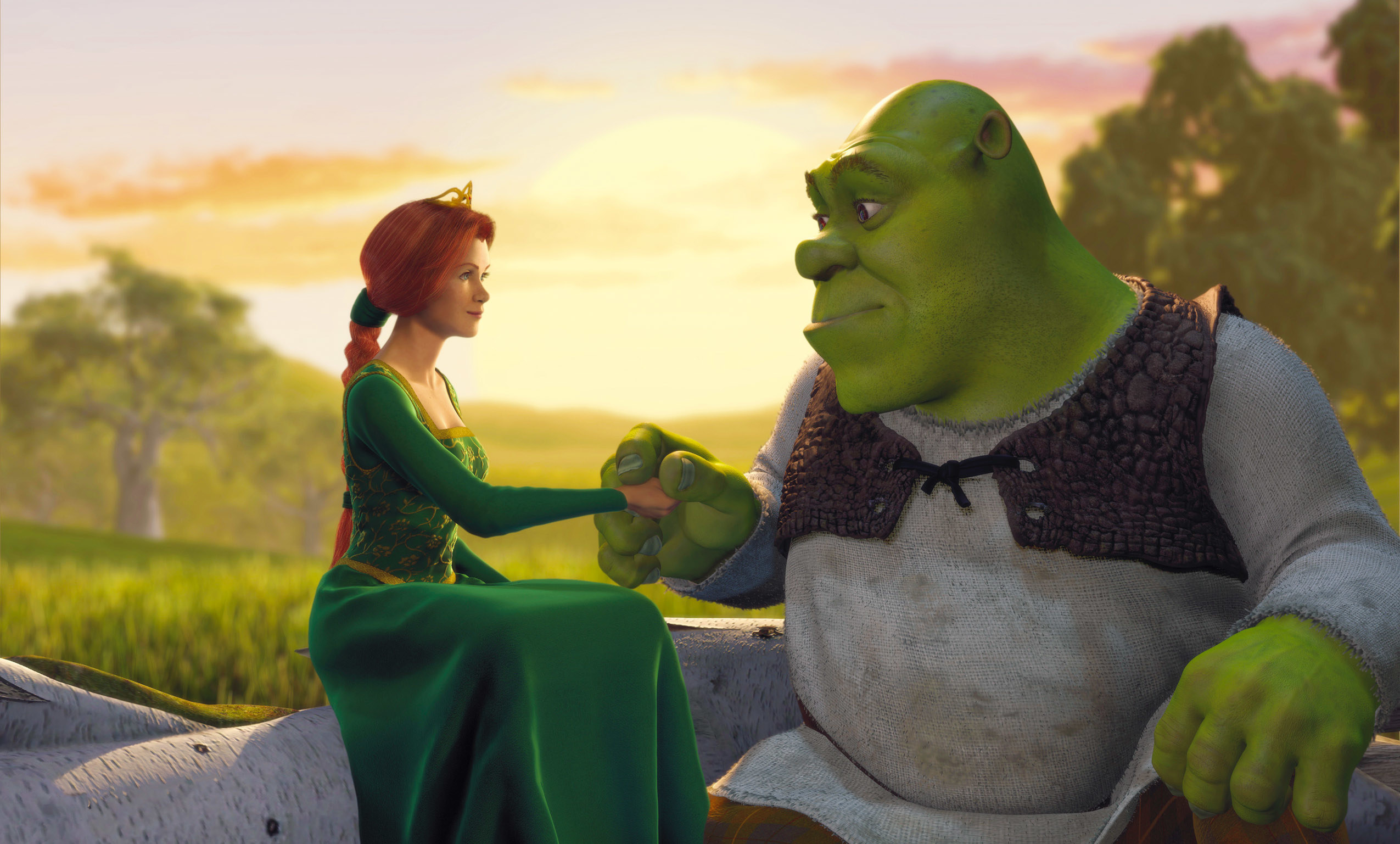 Princess Fiona and Shrek in front of a sunset in 2001&#x27;s Shrek