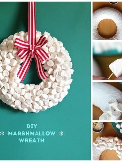 A marshmallow wreath with a candy cane ribbon