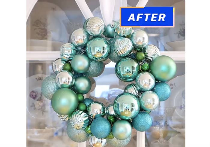 A wreath made from Christmas ball ornaments