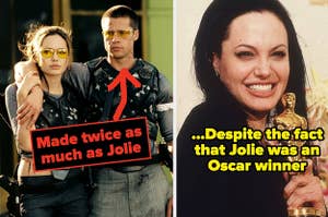 brad pitt and angelina jolie in mr and mrs smith with brad captioned "made twice as much as jolie despite the fact that jolie was an oscar winner" with a picture of jolie with her oscar