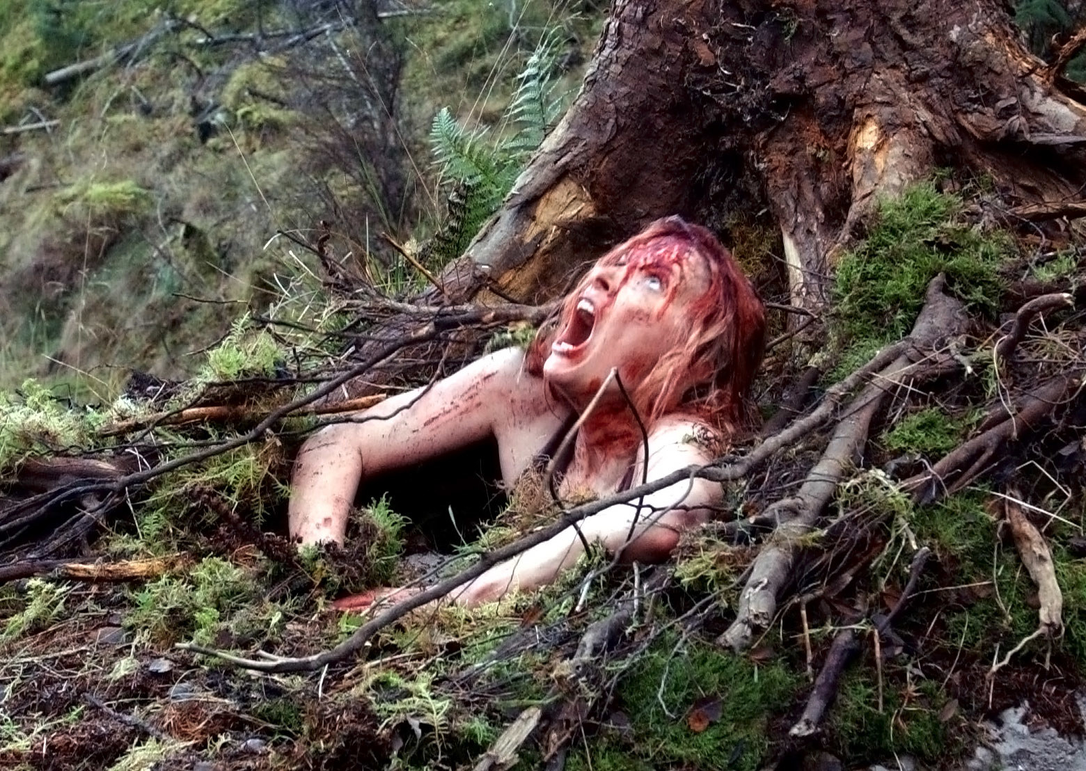 A woman screams while crawling out from under a tree