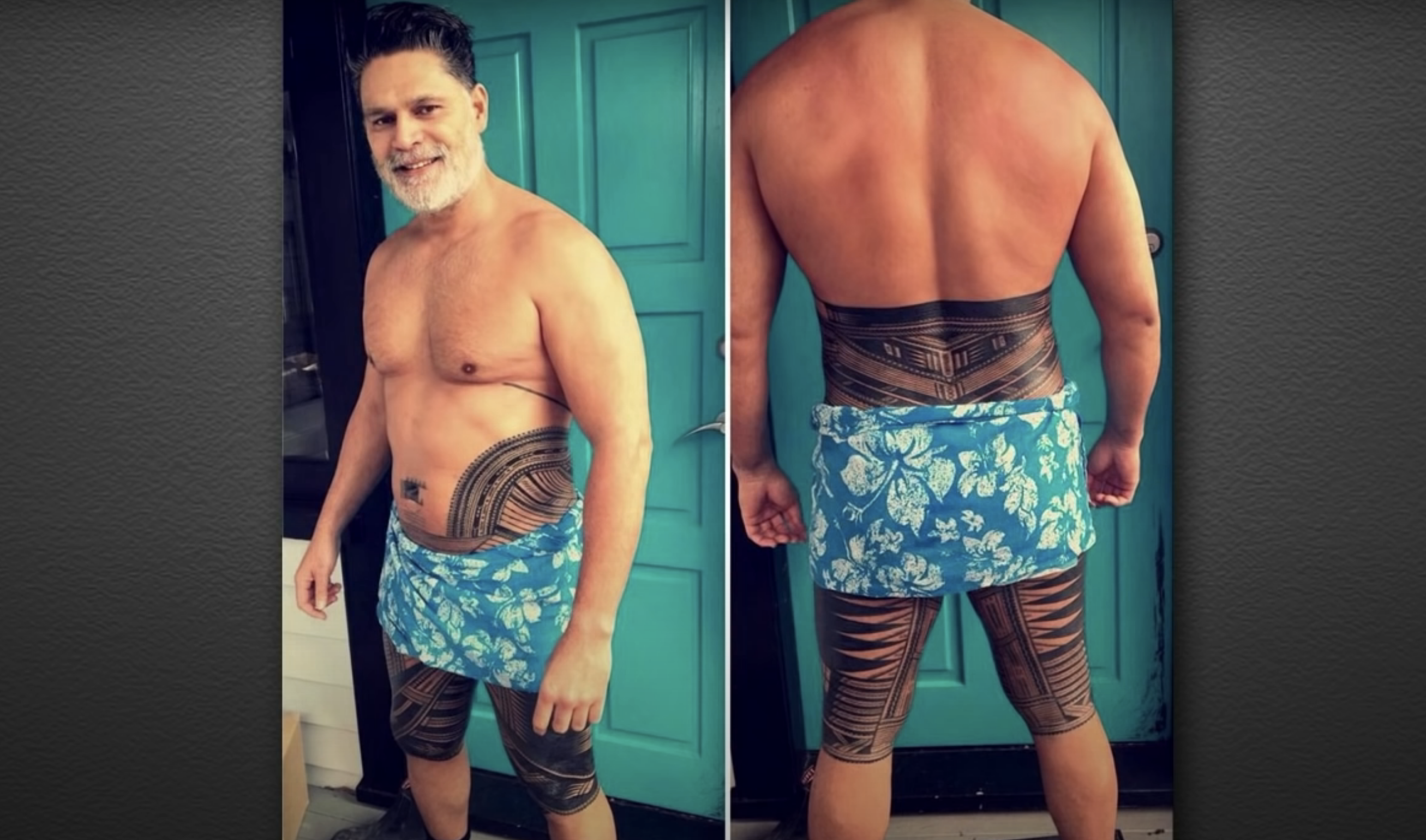 KJ&#x27;s father displaying his traditional Samoan tattoo which covers his lower back and wraps around his upper legs