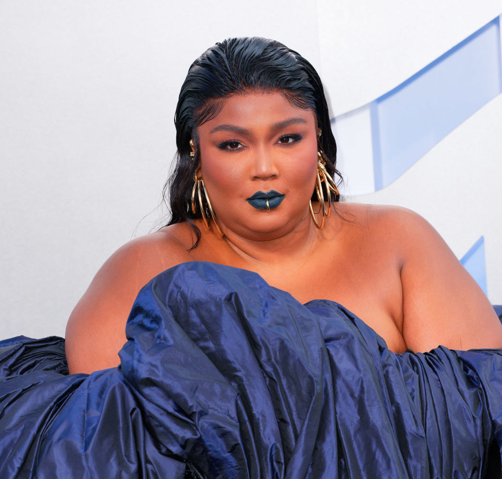 Close-up of Lizzo in her gown