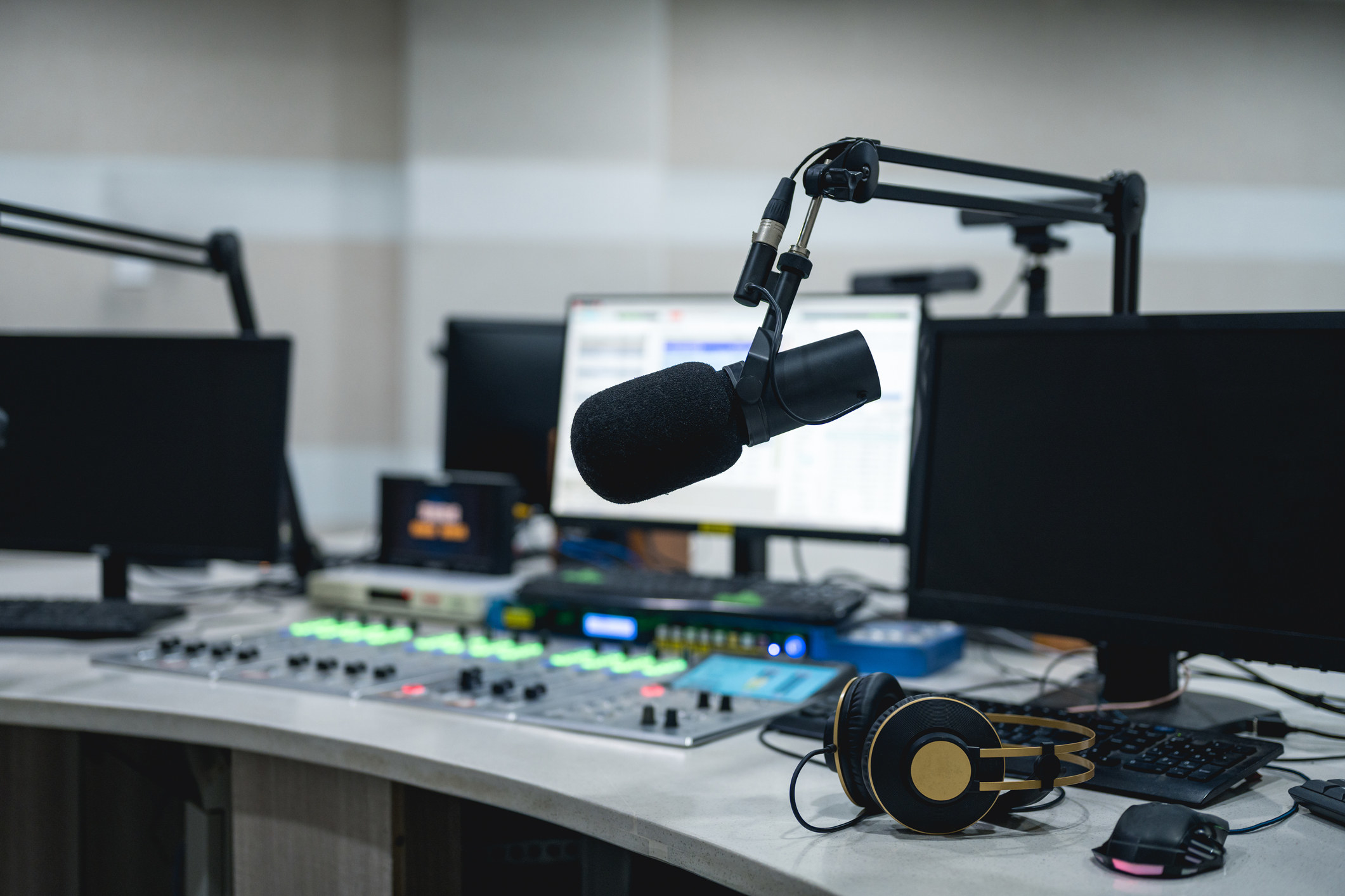 A radio studio with a mic