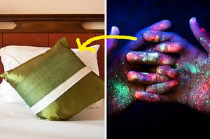 A pillow with a silk pillowcase on it and hands colored in neon glitter 