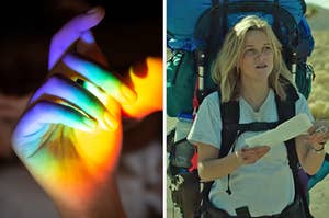 On the left, a rainbow reflecting on someone's hand, and on the right, Reese Witherspoon hiking as Cheryl in Wild