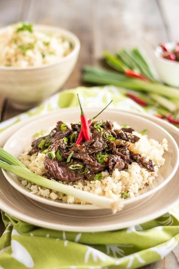 Mongolian Beef on Cauliflower Rice on a plate