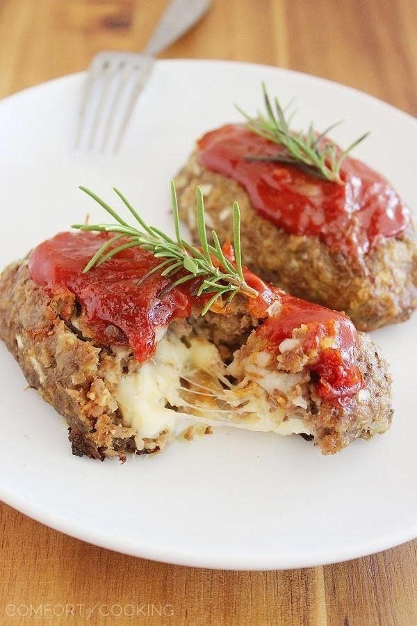 Mozzarella-Stuffed Mini Meatloaves on a plate