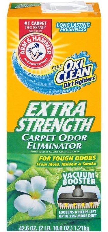 a yellow and green box of Arm &amp;amp; Hammer extra strength carpet odor eliminator