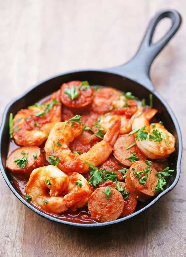 Skillet Sausage and Shrimp in a pan