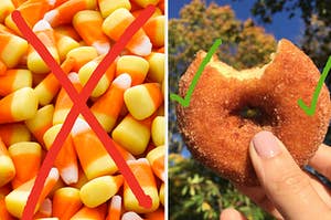 A bunch of candy corn and a half eaten apple cider donut