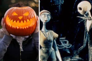 A person holds a lit pumpkin in front of their face and Jack holds hands with Sally