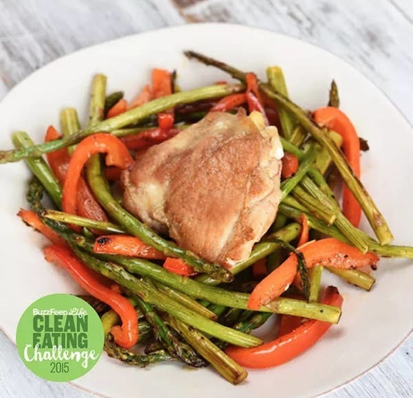 Single-Skillet Chicken Thighs With Asparagus and Red Pepper on a plate