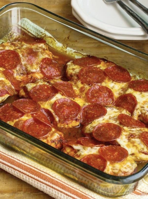Pepperoni Pizza Chicken Bake in a pan