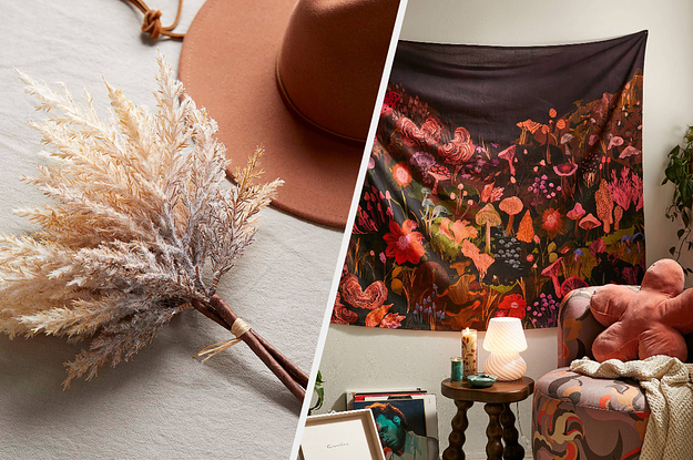 faux reed flower bouquet, mushroom tapestry