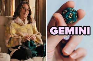 On the left, Tina Fey knitting as Cinda on Only Murders in the Building, and on the right, someone holding up a zodiac cube with Gemini typed under it