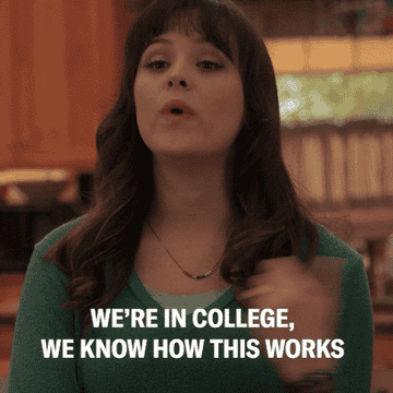 A woman saying, we&#x27;re in college, we know how this works