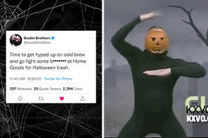 A tweet about drink cold brew and fighting people at home goods for halloween stuff, over a spiderweb background, and a man in a pumpkin head dancing