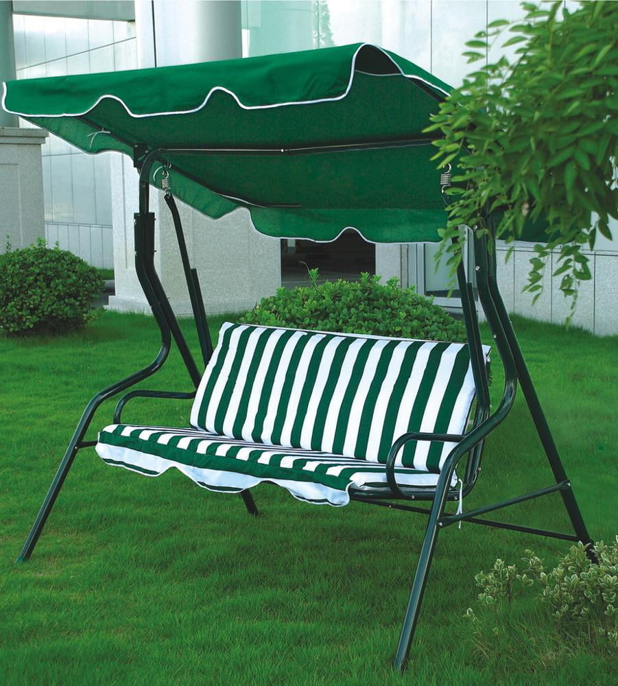 the green striped patio swing with green awning
