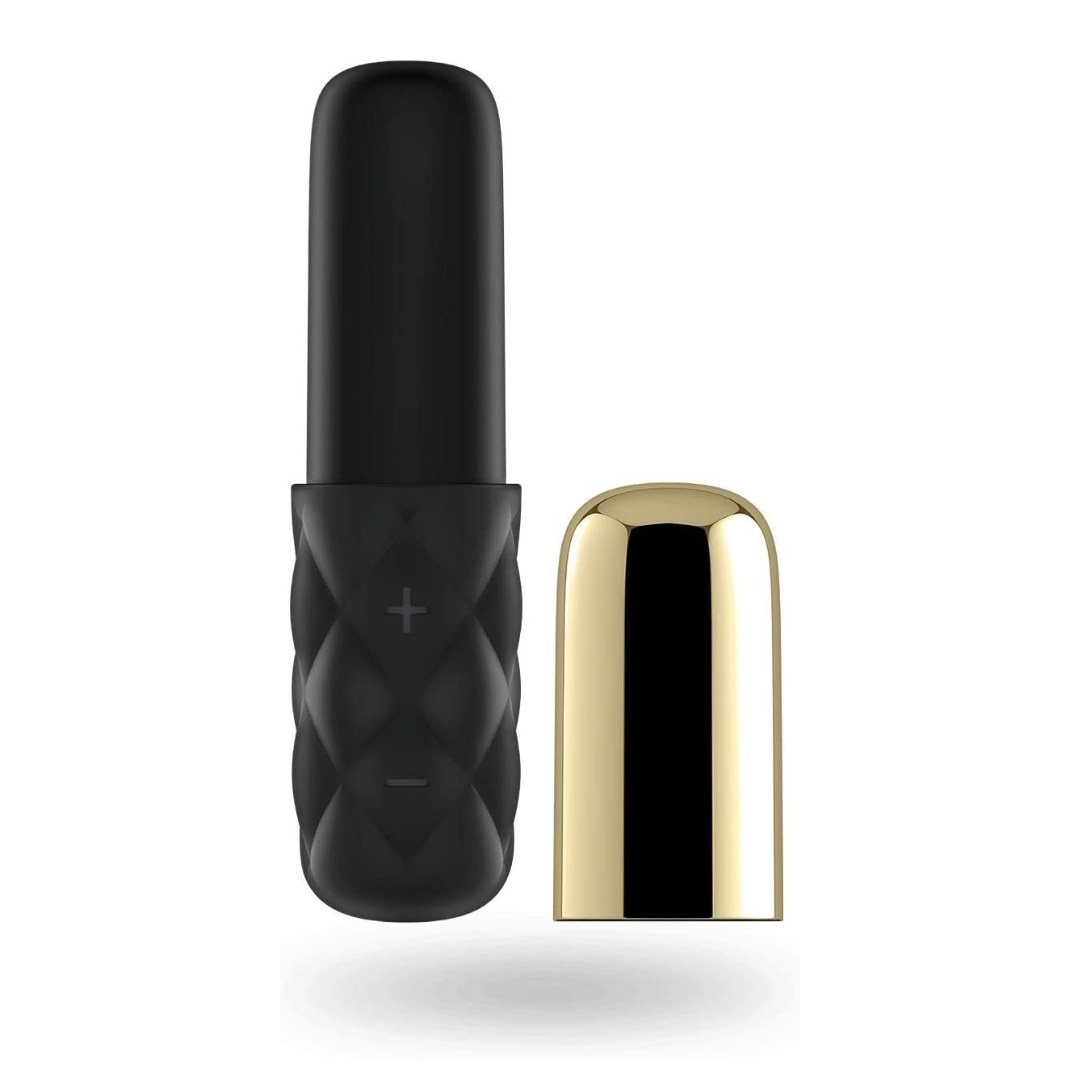 black lipstick-shaped vibrator with a textured bottom with a plus and minus button, a smooth top, and a gold cap