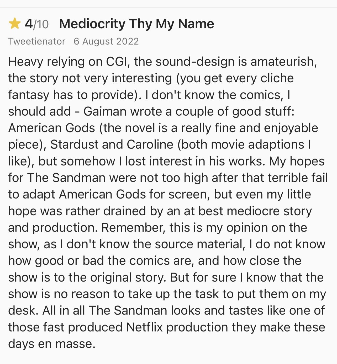 4/10 star user review on IMDB for The Sandman