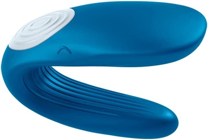 blue u-shaped vibrator with a flatter wider top, rounder more slender bottom, and a textured button on the bottom on its curve