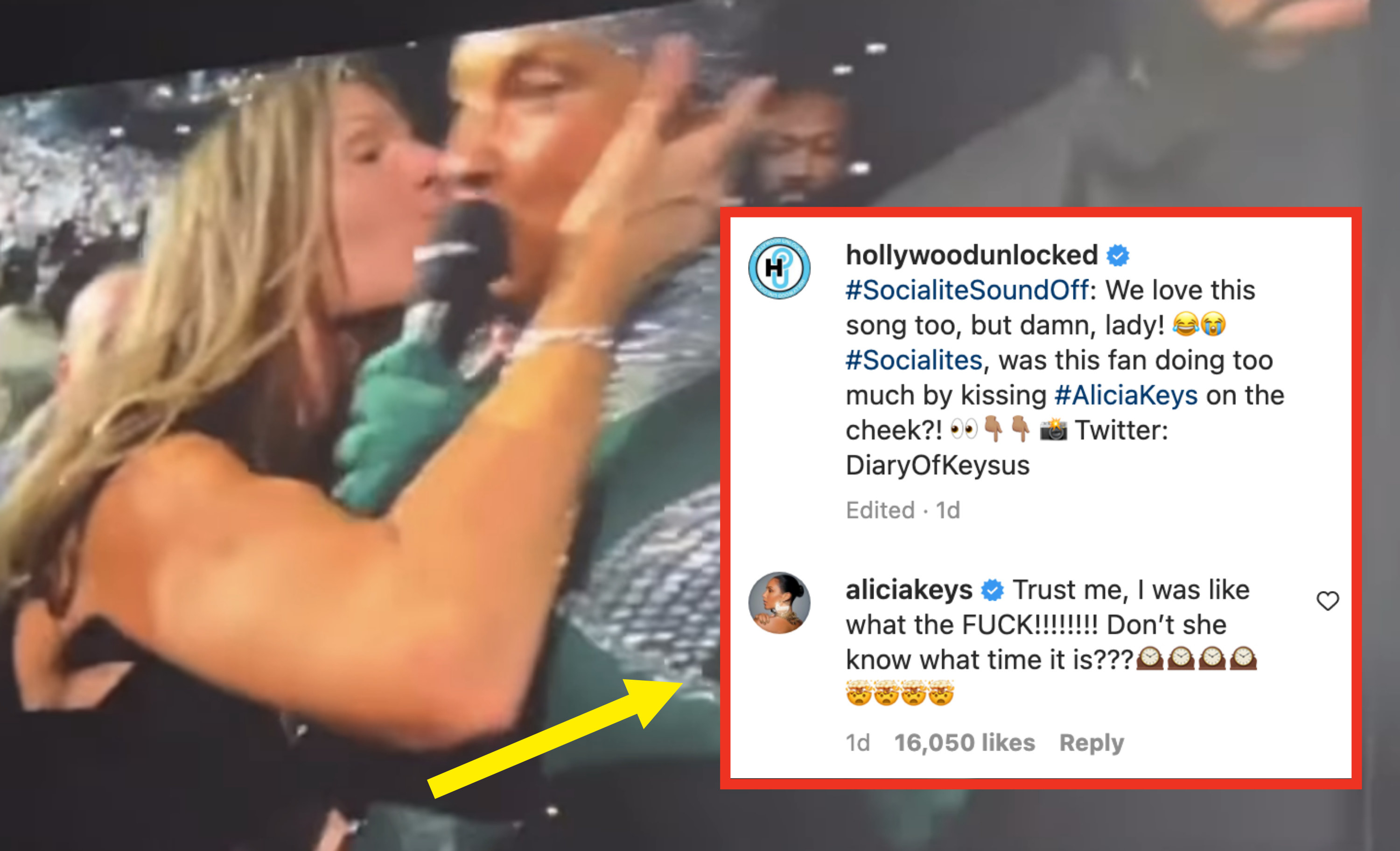 Fans kissing Alicia Keys and her response on Instagram