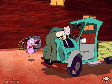 Courage The Cowardly Dog jumping up and down excitedly white old man fixes teal truck