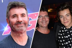 Simon Cowell wears an ash gray T-shirt. He's also seen in a black T-shirt while posing next to Harry Styles who has on a black suit over a matching shirt with white hearts.