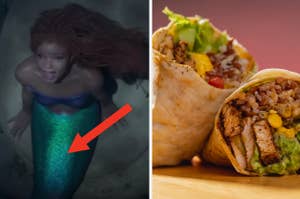 Halle Bailey is in a mermaid suit with a burrito on the right