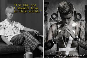 "I'm the one I should love in this world." is written above a BTS cover with Justin Bieber on the right