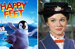 A "Happy Feet" poster is on the left with Mary Poppins on the right
