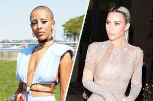 Doja Cat wears a blue dress with cutouts held together by a black wire detail with matching eye makeup. Kim Kardashian wears a fitted sparkly dress with her blond hair pulled into a ponytail.