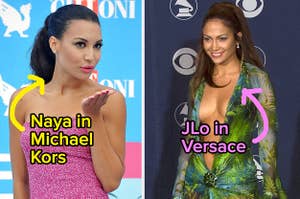 Naya Rivera blows a kiss to the camera at the 2013 Giffoni Film Festival, Jennifer Lopez wears a green Versace dress at the 2000 Grammys 