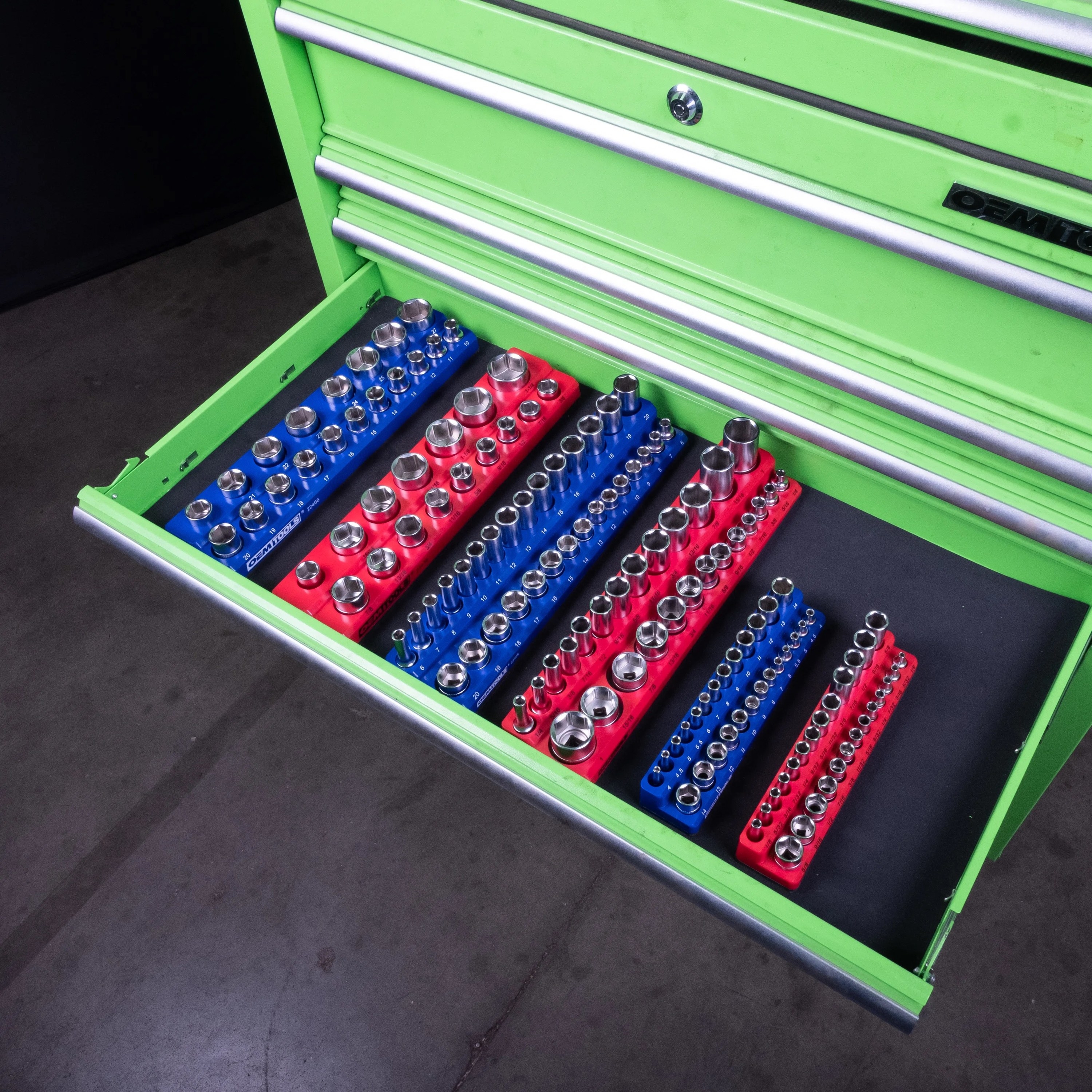 a set of blue and red magnetic socket trays
